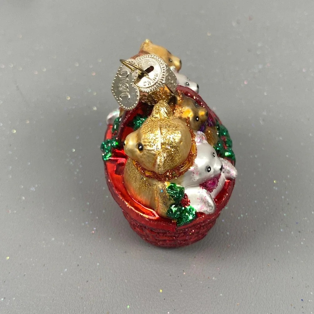 Old World Christmas Glass Ornaments Teddy Bear Basket & Pink Ice Cream Cone Set